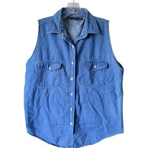 Vintage 90s RETRO Medium Wash Denim Sleeveless Button Down Shirt Vest Top L